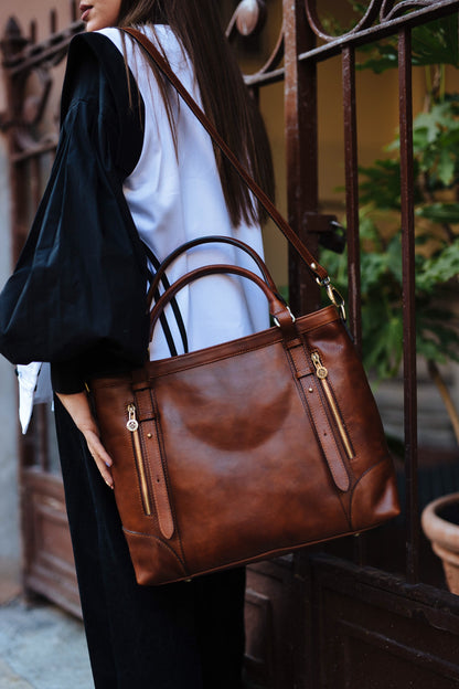 Handmade Italian Leather Tote Bag: Brown Cowhide Crossbody Handbag