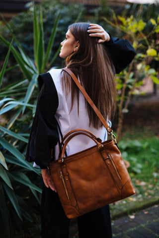 Handmade Italian Leather Tote Bag: Brown Cowhide Crossbody Handbag