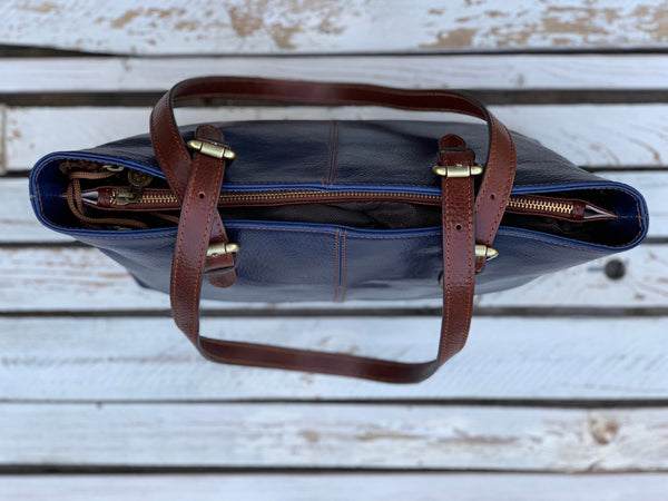 Handmade Blue Leather Tote Bag: Italian Leather Handbag