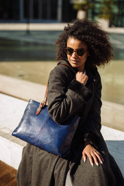 Handmade Blue Leather Tote Bag: Italian Leather Handbag