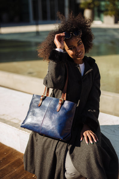 Handmade Blue Leather Tote Bag: Italian Leather Handbag