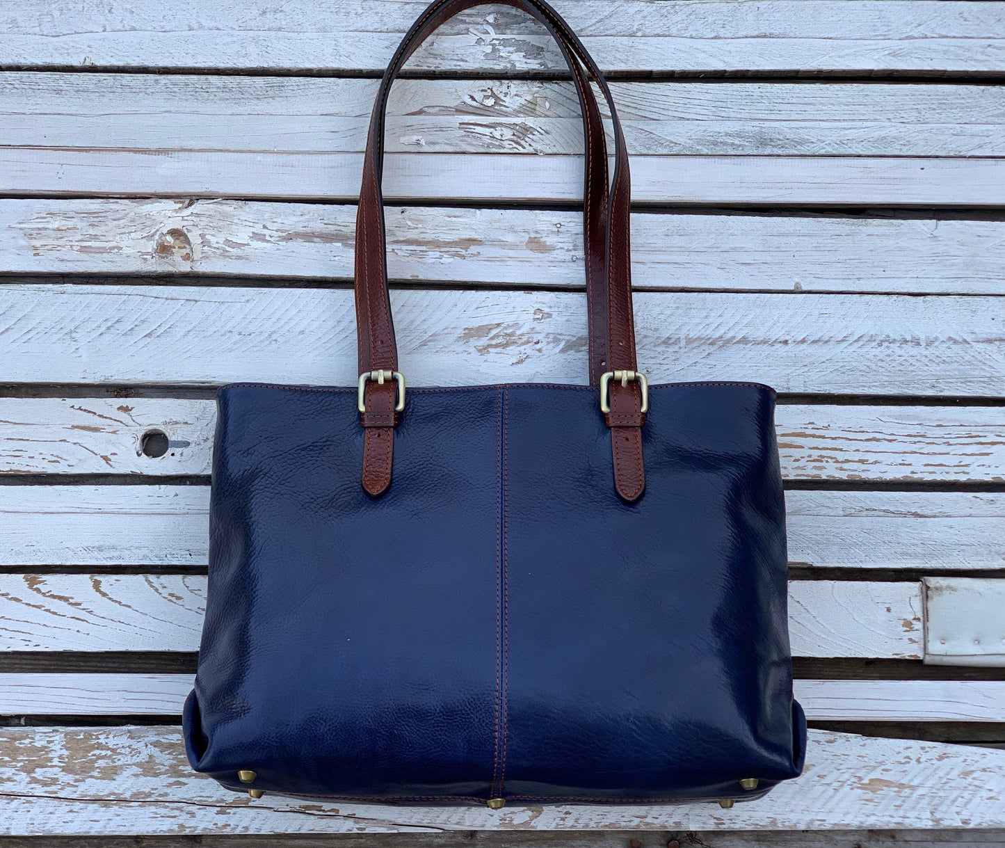Handmade Blue Leather Tote Bag: Italian Leather Handbag