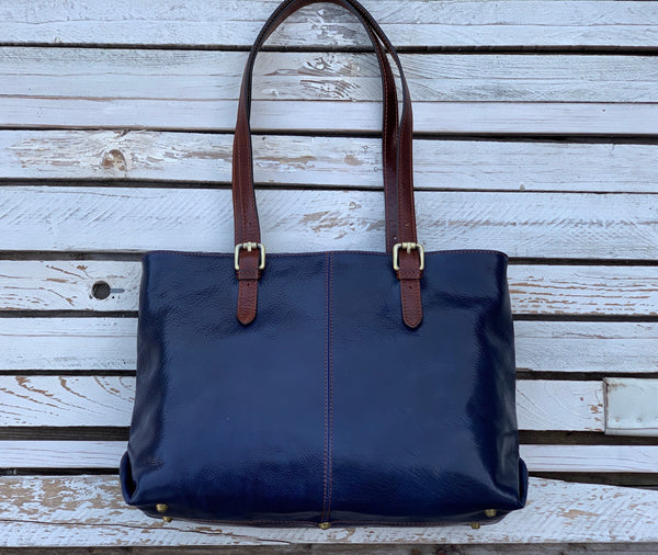 Handmade Blue Leather Tote Bag: Italian Leather Handbag