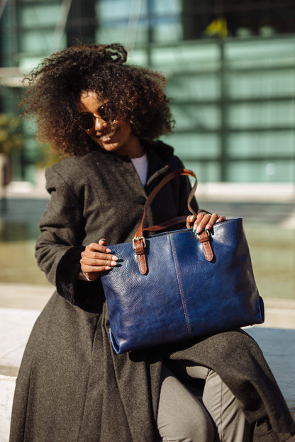 Handmade Blue Leather Tote Bag: Italian Leather Handbag