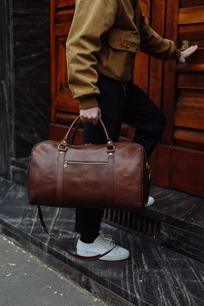 Handmade Full Grain Leather Duffle Bag: Brown Weekender Travel Bag