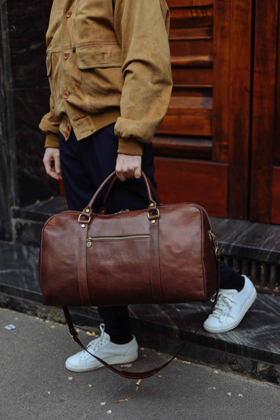 Handmade Full Grain Leather Duffle Bag: Brown Weekender Travel Bag