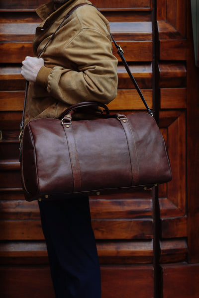 Handmade Full Grain Leather Duffle Bag: Brown Weekender Travel Bag