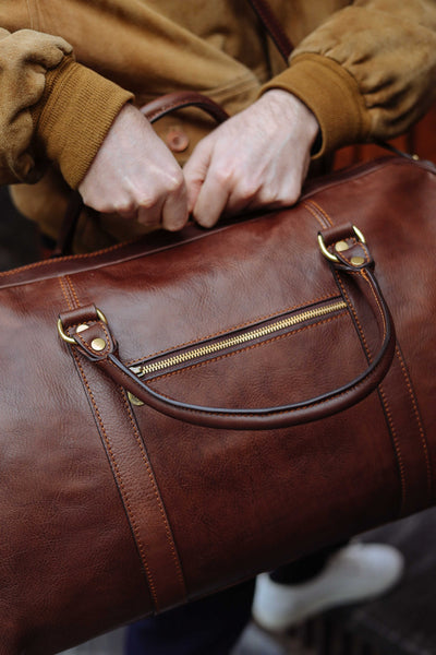 Handmade Full Grain Leather Duffle Bag: Brown Weekender Travel Bag
