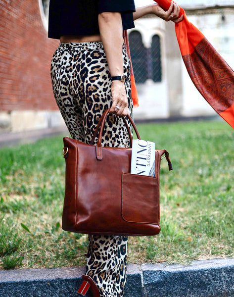 Handmade Leather Tote Bag: Italian Full Grain, Padded Laptop Compartment